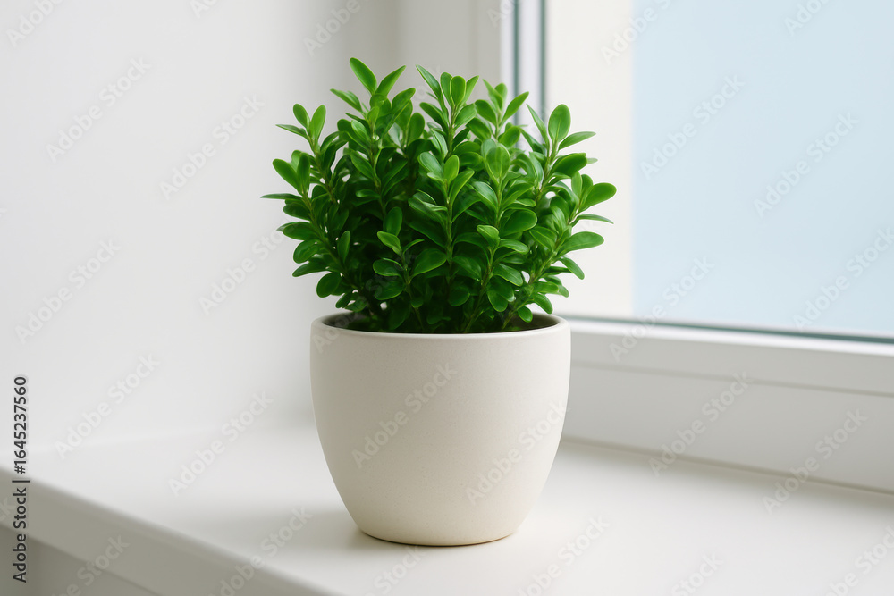 Fototapeta premium Vibrant green potted plant on white windowsill in natural light, minimalist home decor accent for fresh modern interior spaces