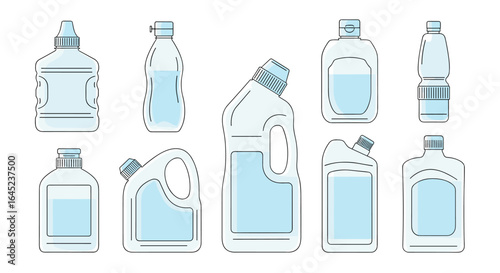 Collection of various plastic liquid containers and water bottles with caps and handles for storage and transport