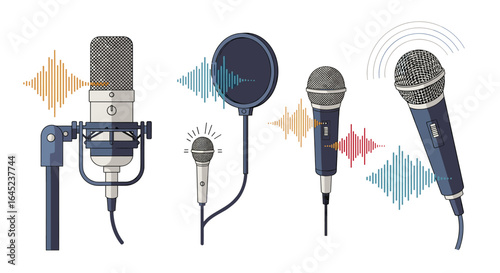 Diverse microphones capturing sound waves for recording and audio production purposes
