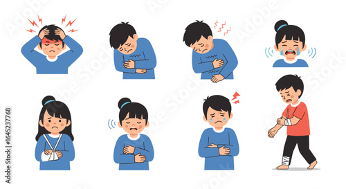 Illustrations depicting children experiencing various physical ailments and discomforts showing pain and illness