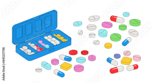 A blue pill organizer with various colorful medications including capsules and tablets scattered around the tray