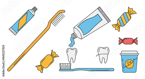 Dental care routine featuring toothbrush toothpaste candy coffee cup and healthy teeth illustrations