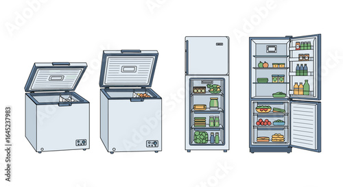 Collection of various modern household refrigeration appliances for food storage and preservation