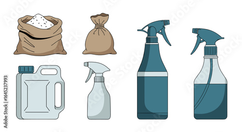 Collection of bags bottles and spray containers for cleaning and gardening products
