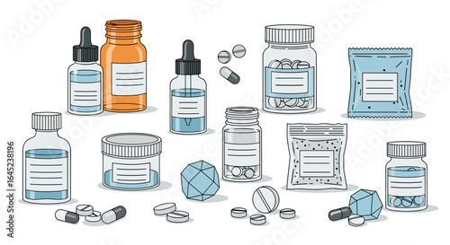 Diverse collection of pharmaceutical bottles capsules pills and packaging representing healthcare and medical treatments
