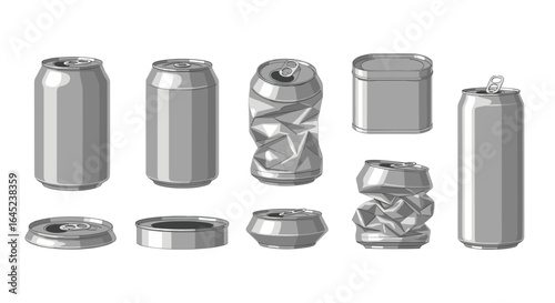 Collection of aluminum beverage containers and lids showcasing various states from pristine to crushed for recycling and waste management concepts