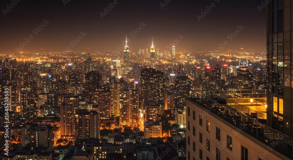 Fototapeta premium Night Cityscape View with Glowing Lights and Distant Skyline