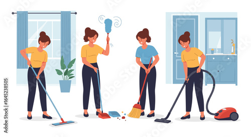 Woman doing various household chores showing cleaning activities like sweeping dusting mopping vacuuming and tidying up her home