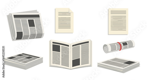 Collection of newspapers and printed documents displaying news articles and headlines in a classic style