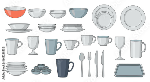 A diverse collection of tableware and kitchenware including plates bowls cups mugs glasses and utensils presented in a clear illustration style