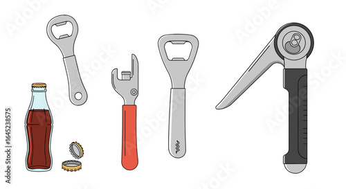 Collection of various bottle openers and a glass beverage bottle with caps scattered around representing barware and kitchen tools