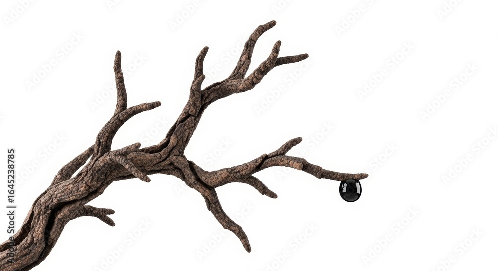Fototapeta premium Unique Branch with Artistic Black Orb Hanging in White Background