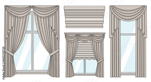 Decorative window treatments featuring elaborate drapes and valances to enhance home interior design and ambiance