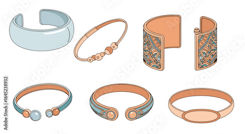 An assortment of fashionable metal bracelets showcasing diverse designs and textures for personal adornment