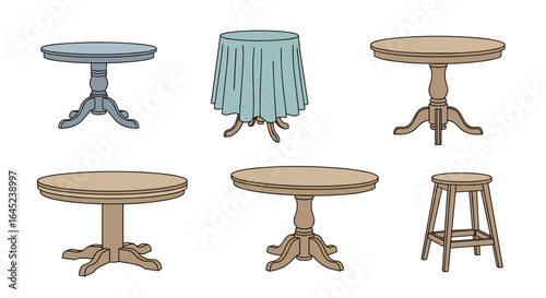 Collection of elegant pedestal tables and a wooden stool for stylish interior decor ideas