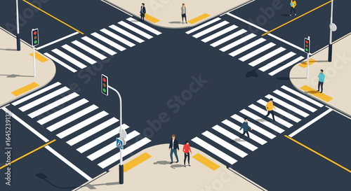 Busy urban intersection with pedestrians crossing on zebra stripes under traffic lights and streetlights