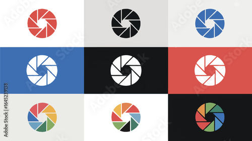 Camera aperture symbols red black blue white colorful logo graphic design