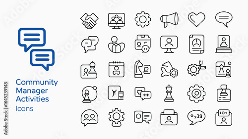 Community manager activities icons set black and white line art vector