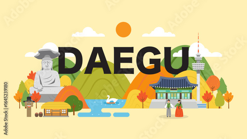 Daegu autumn travel landscape vector illustration. Beautiful Daegu attraction.