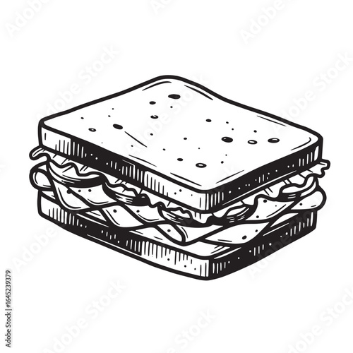 Hand drawn illustration of a tasty sandwich with various fillings ready to be consumed.