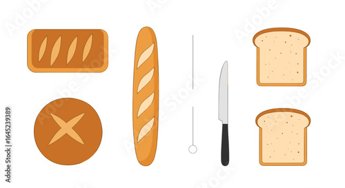 Freshly baked breads and slices of toast with a knife on a white background top view