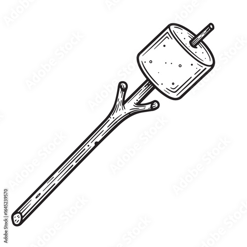 Hand drawn illustration of a toasted marshmallow on a wooden stick camping concept