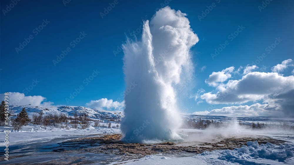 Geothermal spectacle: a geyser erupts powerfully against a backdrop of snow-covered landscape under a bright blue sky dotted with fluffy white clouds. Geothermal spectacle: a geyser erupts powerfully against a backdrop of snow-covered landscape under a bright blue sky dotted with fluffy white clouds.