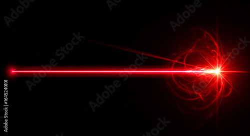 A powerful vibrant red laser beam cuts through the blackness creating a bright focal point with a chaotic energetic burst of light and swirling particles