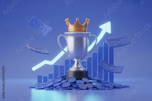 The Reward for Success - A silver trophy with a crown, a bar chart, and money, symbolizing financial success, achievement, and winning