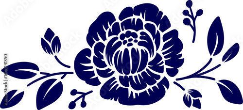 Blue and white peony flower. Peony flower and leaves drawing illustration. Elegant Blooming Japanese Peony Illustration