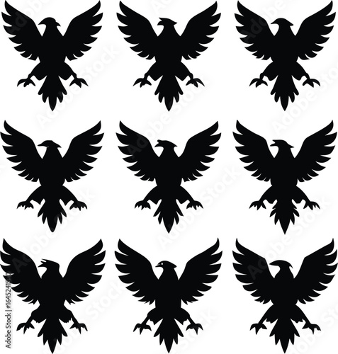 Nine Black Heraldic Eagles Silhouettes Vector Illustration, Coat of Arms, Bird of Prey Design