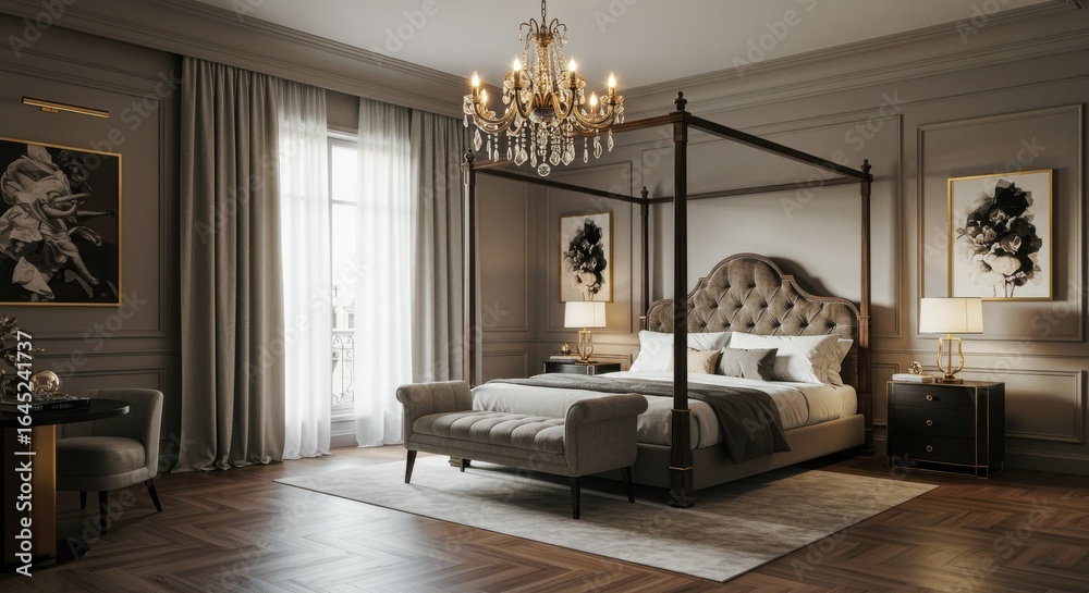 Fototapeta premium Bedroom with Canopy Bed and Chandelier Interior Design