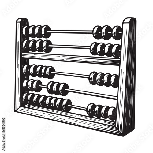Vintage abacus illustration in black and white depicting early math learning and education