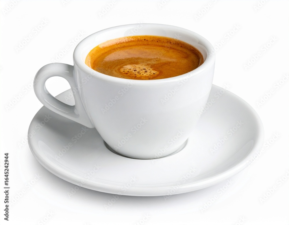 Espresso in White Cup on Saucer, Isolated on White Background Espresso in White Cup on Saucer, Isolated on White Background