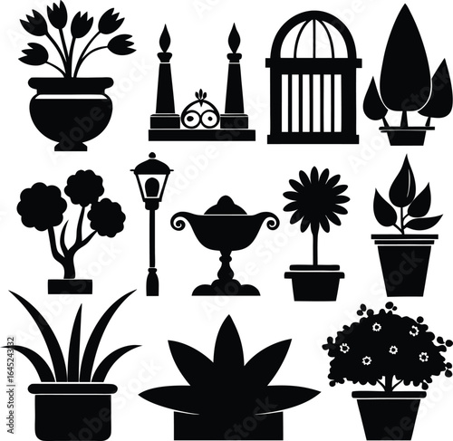 Black and White Garden Decor Vector Art: Plants, Flowers, Lantern, Birdcage, and Urn Clip Art