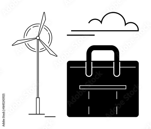 Wind turbine, briefcase, and passing cloud represent synergy of renewable energy, eco-friendly business, innovation, environment, sustainability, new ideas strategy. Ideal for eco-business flat