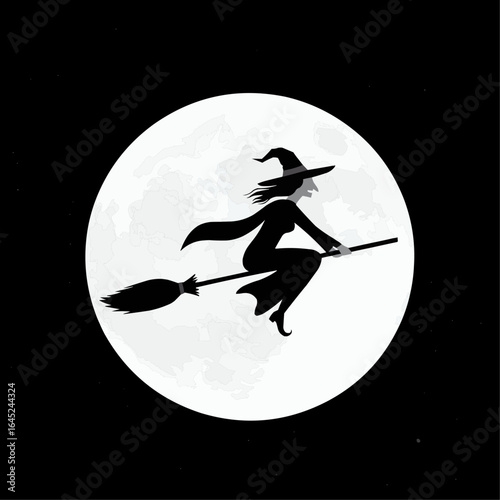 A flying witch on a broomstick against the full moon.