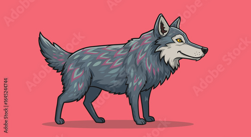 Vibrant Illustrated Wolf Portrait with Stylized Fur Patterns and Pink Backdrop