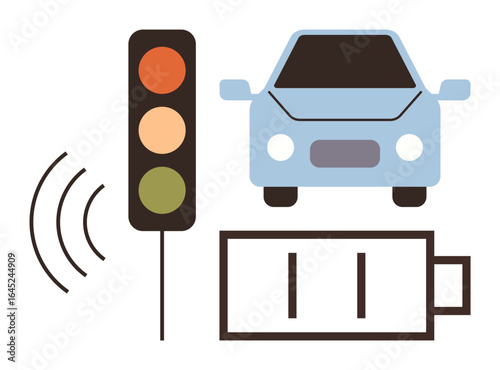 Car next to battery level, traffic signal with wireless waves. Ideal for transportation, electric vehicles, sustainability, innovation, mobility, urban planning energy. Simple flat metaphor