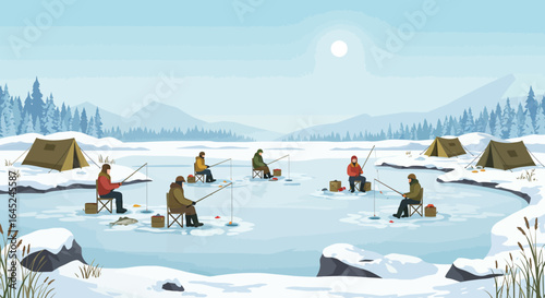 Anglers Enjoying a Tranquil Day of Ice Fishing on a Frozen Lake Amidst a Serene Winter Landscape
