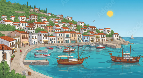 Idyllic illustration of a Mediterranean seaside harbor town