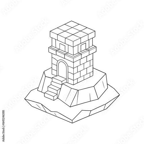Vector art of isometric outline drawing of a stone tower on a rocky base, isolated on white background