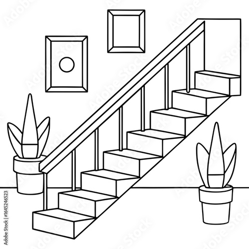 Vector art of minimalist line drawing of a staircase with plants and pictures