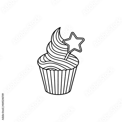 Vector art of line drawing of a cupcake with frosting and a star decoration, isolated on white background