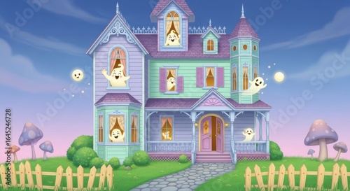 Spooky but Cute Haunted Mansion with Friendly Ghosts Dancing