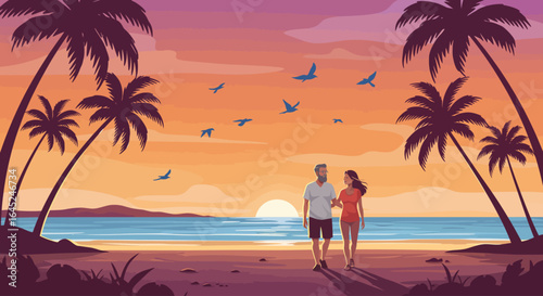 Couple Walking on Tropical Beach at Sunset