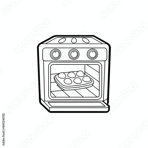 Vector art of line drawing of an oven with a baking tray inside, isolated on white background