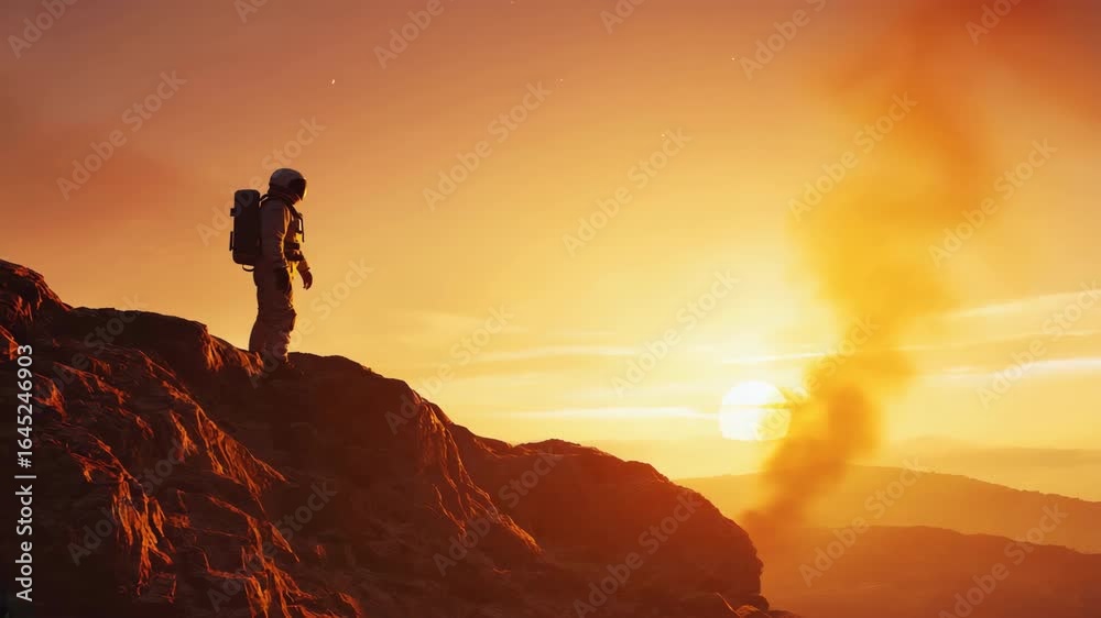 Astronaut silhouette standing on rocky terrain, gazing at a vibrant sunset over distant mountains, capturing the essence of exploration and adventure in an alien landscape Astronaut silhouette standing on rocky terrain, gazing at a vibrant sunset over distant mountains, capturing the essence of exploration and adventure in an alien landscape