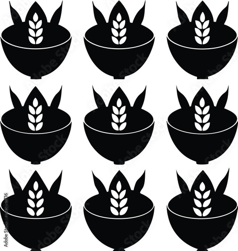 Black and White Graphic Pattern of Bowls with Wheat Stalks, Minimalist Food Art Design