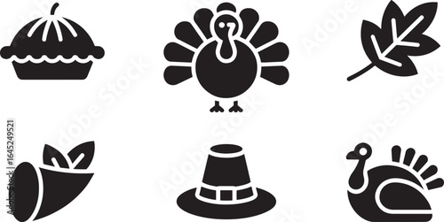 Autumn Harvest Icons Featuring Pie, Turkey, Leaf, Cornucopia, Pilgrim Hat, and Turkey Silhouette